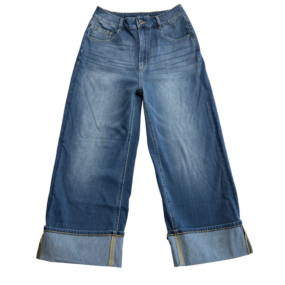 Halara Womens Petite Medium Wash Wide Leg Cuffed Jeans Blue Size M Petite